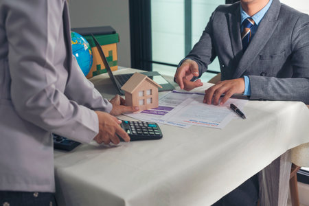 Businessman real estate house agent teamwork discuss team businessperson. Team partner man women...