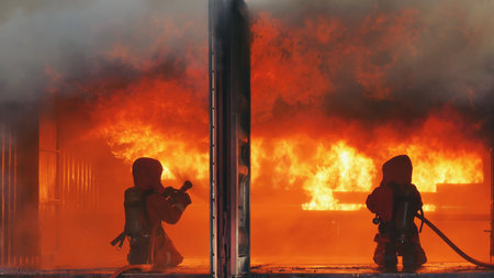 Firefighter fighting with fire flame protection property. Fireman wear hard hat, body safe suit uniform for protection from fire operation. Rescue trained in fire fighting extinguisher hazardous firesの写真素材