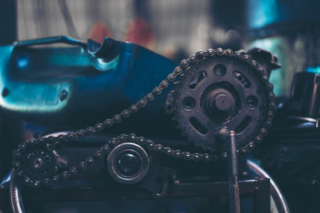 Mechanic tools engineering equipment car auto repair shop with copy space. Blurred background...