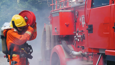 Fireman prepare equipment at fire engine truck. Man hand connect water tube with fire truck fighting...