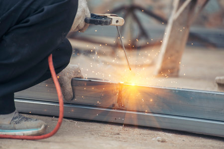 Construction Worker hands using Welding machinery iron metal sparking. Men hands wear protective...