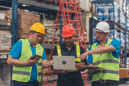 Warehouse management multiracial team partner engineer man work together checklist stock control....