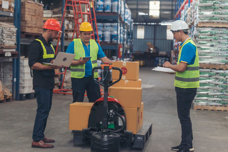 Warehouse worker teamwork diversity men using laptop computer logistics checking products in store inventory. Warehouse management team partner engineer man work together checklist stock controlの写真素材