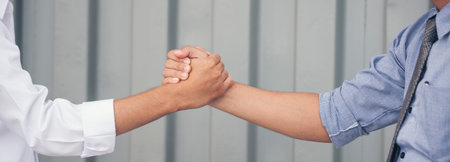 Banner template Partner Business Trust Teamwork Partnership. Industry contractor fist bump dealing...