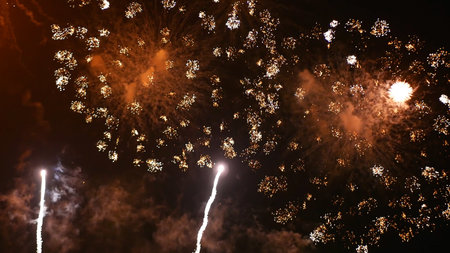 Red Firework celebrate anniversary happy new year 2024, 4th of july holiday festival. red firework...