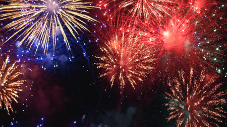 Red Firework celebrate anniversary happy new year 2024, 4th of july holiday festival. red firework...