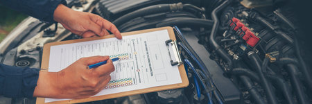 Banner Man hands fixing Car machinery vehicle mechanical service. Mechanic man hands repairing car shop. panoramaopen vehicle hood checking up auto mobile. Car maintenance engineer with copy sapce.の写真素材