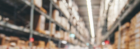 Blurred Background Commercial packaging on steel rack. Aisle in storehouse inventory. Warehouse background storage inventory shelf with freight container aisle space. Blur supply lot shelf cardboardの写真素材