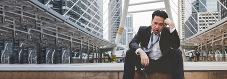 Banner Failure businessman unemployed jobless recession crisis stress and lose job. Panorama Despair Failure bankruptcy businesspeople in middle aged depressed failed situation wide with copy spaceの写真素材