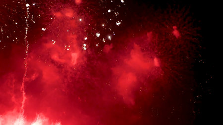 Red Firework celebrate anniversary happy new year 2024, 4th of july holiday festival. red firework in night time celebrate national holiday. Countdown to new year 2025 festival party time eventの写真素材