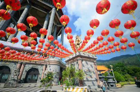 Red lantern tradition lamp on Chinese New Year festival in Chinatown. Celebration hanging Red lantern for luck in temple. East Asia tradition in Asia temple. Religion buddhism festivalの写真素材