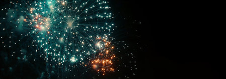 Banner Green firework in night time celebrate national holiday. Green Firework celebrate anniversary...