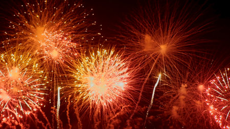 Red Firework celebrate anniversary happy new year 2024, 4th of july holiday festival. red firework...