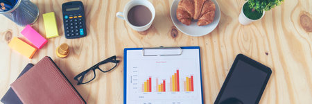 Banner Meeting room Office laptop business financial chart graph coffee cup in conference room....