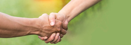 Banner Trust honesty business customer handshake together promise partner. Panorama Businessman teamwork diversity solidarity team Partner hands together. Team meeting shaking hands with copy spaceの写真素材