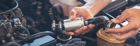 Banner Man hands fixing Car machinery vehicle mechanical service. Mechanic man hands repairing car shop. panoramaopen vehicle hood checking up auto mobile. Car maintenance engineer with copy space.の写真素材