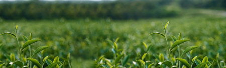 Banner Green tea tree leaves camellia sinensis organic farm sunlight. Panorama Fresh young tender bud herbal farm in morning. Banner Sunlight Green tea tree plant. Wide Green Tea Tree with copy spaceの写真素材