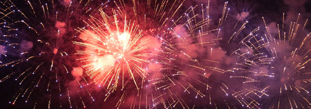 Banner Red Firework celebrate anniversary happy new year 2024 4th of july holiday festival. Banner red firework night time celebrate national holiday. Countdown new year 2025 festival with copy spaceの写真素材