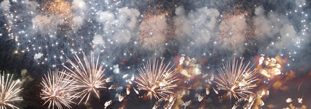 Banner blue Firework celebrate anniversary happy new year 2024, 4th of july holiday festival. Banner blue firework night celebrate national holiday. Countdown new year 2025 festival with copy spaceの写真素材