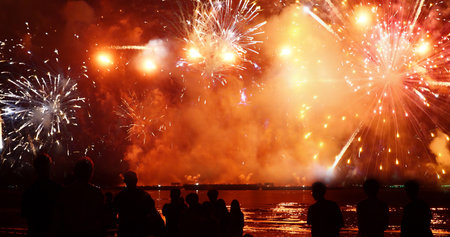 Colorful vibrant Firework celebrate anniversary happy new year 2024, 4th of july holiday festival. colorful firework in night time to celebrate national holiday. countdown new year party backgroundの写真素材