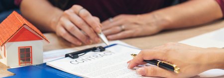 Banner Team diversity women sale house real estate agent office desk. Women working home insurance realtor mortgage sale. Banner Businesswoman real estate house agent discuss customer with copy spaceの写真素材