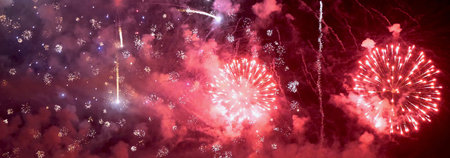 Banner red firework celebrate anniversary happy new year 2024 4th of july holiday festival. Banner...