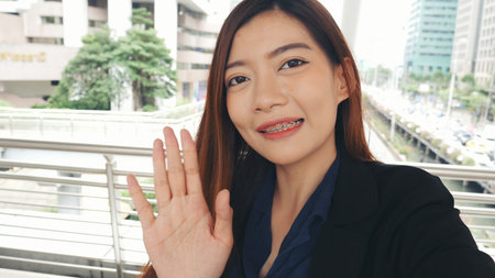 Portrait Asian women happiness smiling laugh happy person looking at camera. Beautiful happy girl...