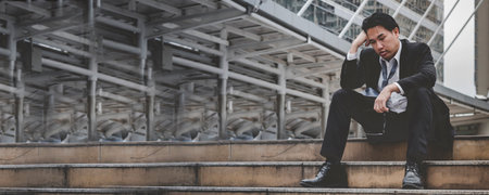 Banner Failure businessman unemployed jobless recession crisis stress and lose job. Panorama Despair Failure bankruptcy businesspeople in middle aged depressed failed situation wide with copy spaceの写真素材
