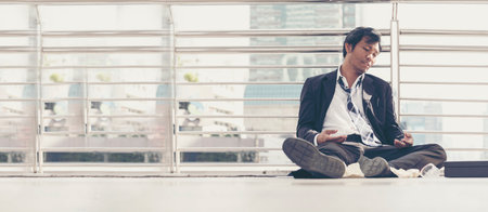 Banner Failure businessman unemployed jobless recession crisis stress and lose job. Panorama Despair Failure bankruptcy businesspeople in middle aged depressed failed situation wide with copy spaceの写真素材