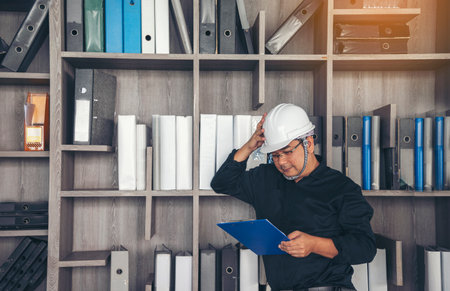 Man construction engineer writing note wear blue shirt safety white hard hat at construction site. Industry labour male worker. Architecture man drawing engineer civil construction real estateの写真素材