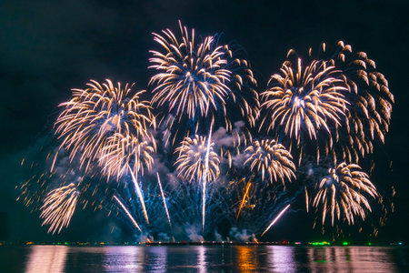 Blue Firework celebrate anniversary happy new year 2024, 4th of july holiday festival. blue firework in night time celebrate national holiday. Countdown to new year 2025 festival party time eventの写真素材