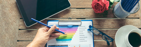 Banner Excel graph with Spreadsheet Document showing Information Financial Startup Concept. Banner Financial Planning Account Database Report. Business Graphs charts on office desk with copy spaceの写真素材