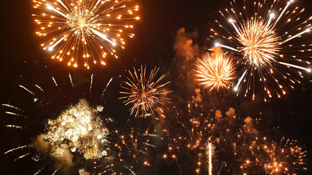 Golden Firework celebrate anniversary independence day night time celebrate national holiday. Countdown to new year 2024 party time event. Happy new year 2025, 4th of july holiday festival conceptの写真素材