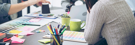 Banner Diversity multiethnic team group of business people Present meeting conference room brainstorm. Multicultural Teamwork collaborate team people meeting together trust partner with copy space.の写真素材