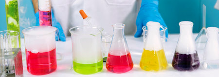 Banner Science chemistry glass tubes object on lab background. Wide Liquid tube biology laboratory...