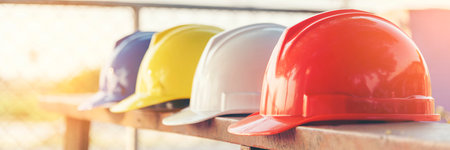 Banner Construction hard hat safety tools equipment for workers in construction site for engineering...