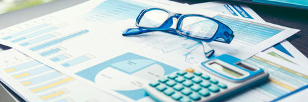 Banner Top view office desk laptop and coffee cup on wood table copy space.  Panorama tabletop notebook laptop coffee cup for officer display empty space wooden background workspace full banner designの写真素材