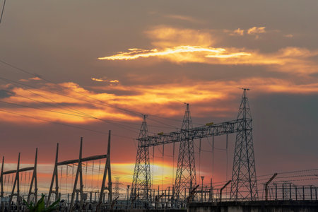 High voltage pole electric wiring distribution landscape energy engineering. Electricity energetic...
