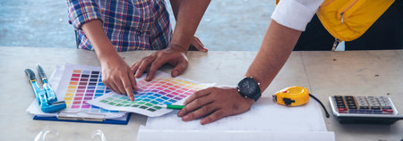 Banner civil construction engineer teams meeting on construction site. Partner team engineering foreman teamwork consult together. Panorama group engineer office meeting partnership with copy spaceの写真素材