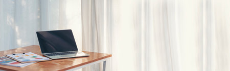 Banner Top view office desk laptop coffee cup wood table copy space. Banner Tabletop notebook laptop...
