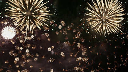 Golden Firework celebrate anniversary independence day night time celebrate national holiday. Countdown to new year 2024 party time event. Happy new year 2025, 4th of july holiday festival conceptの写真素材