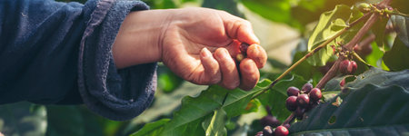 Banner hands harvest red seed in basket robusta arabica plant farm. Coffee plant farm Close up woman Hands harvest raw coffee beans. Ripe Red berry plant fresh seed coffee tree growth with copy spaceの写真素材