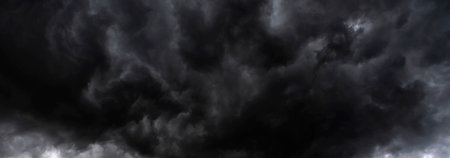 Banner Dramatic dark storm clouds black sky background. Dark thunderstorm clouds rainny season....
