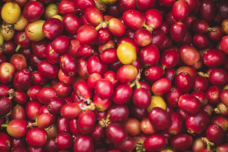 Red seed coffee bean  green leaf  robusta arabica berries ripe harvest for coffee farm garden. Fresh coffee bean berry plant tree. Close up fresh red bean seed coffee tree growth in green organic farmの写真素材