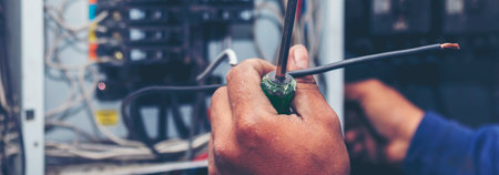 Banner Electrical mechanic technician check wire electric cabinet. Inspector men hands working maintenance service. Electrician circuit repair operation. Men hands fix breaker with copy spaceの写真素材