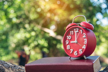 Alarm clock Red vintage retro time on book and tree green nature bokeh nature deadline concept.