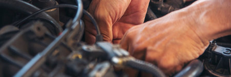 Banner Man hands fixing Car machinery vehicle mechanical service. Mechanic man hands repairing car...