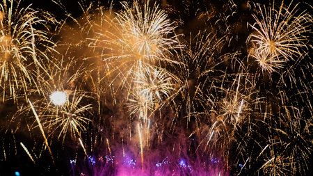 Golden Firework celebrate anniversary happy new year 2024, 4th of july holiday festival. Gold...