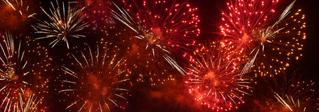 Banner Red Firework celebrate anniversary happy new year 2024 4th of july holiday festival. Banner...