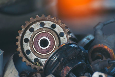 Mechanic tools engineering equipment car auto repair shop with copy space. Blurred background...
